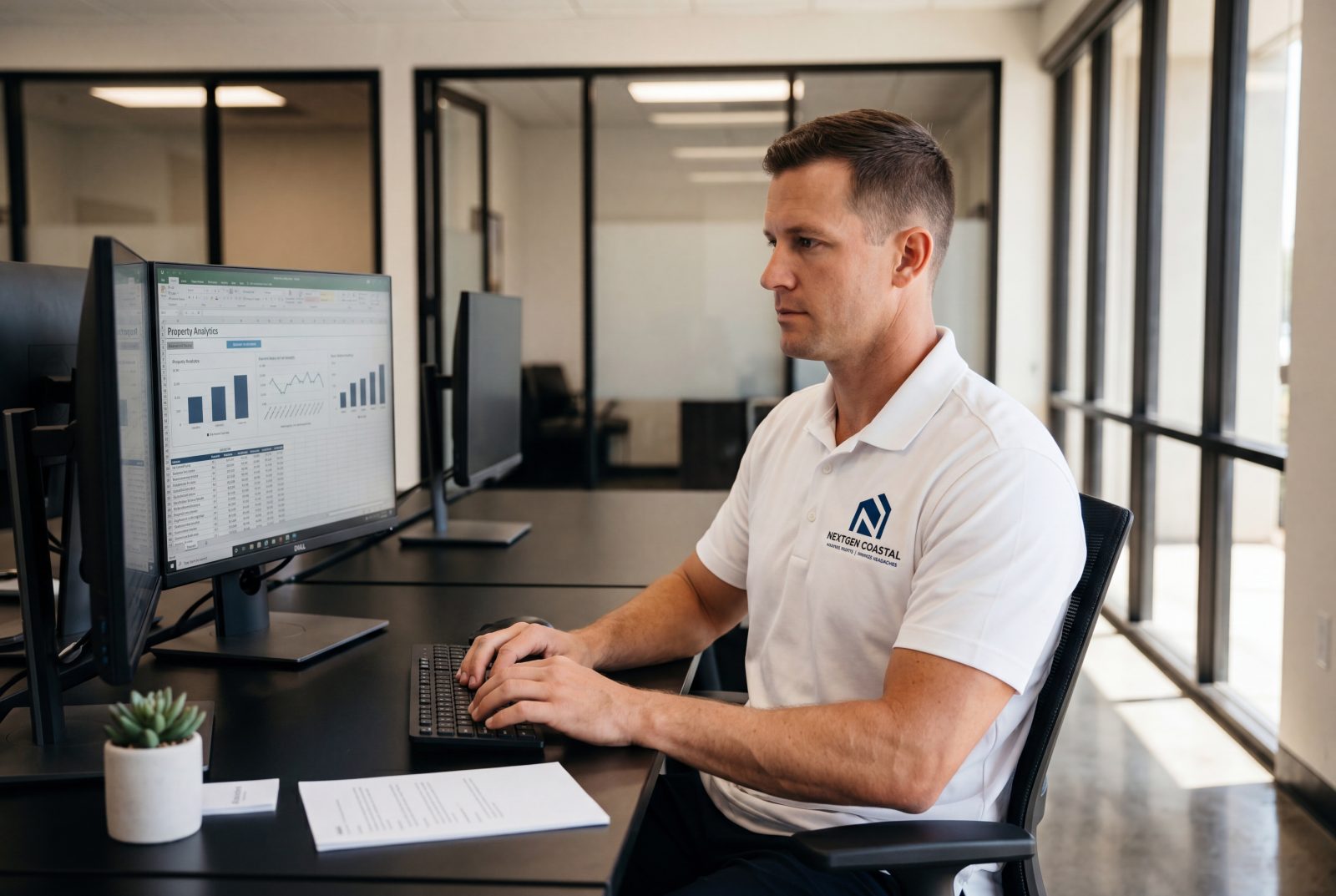 NextGen Coastal Costa Mesa office interior, analyst at workstation