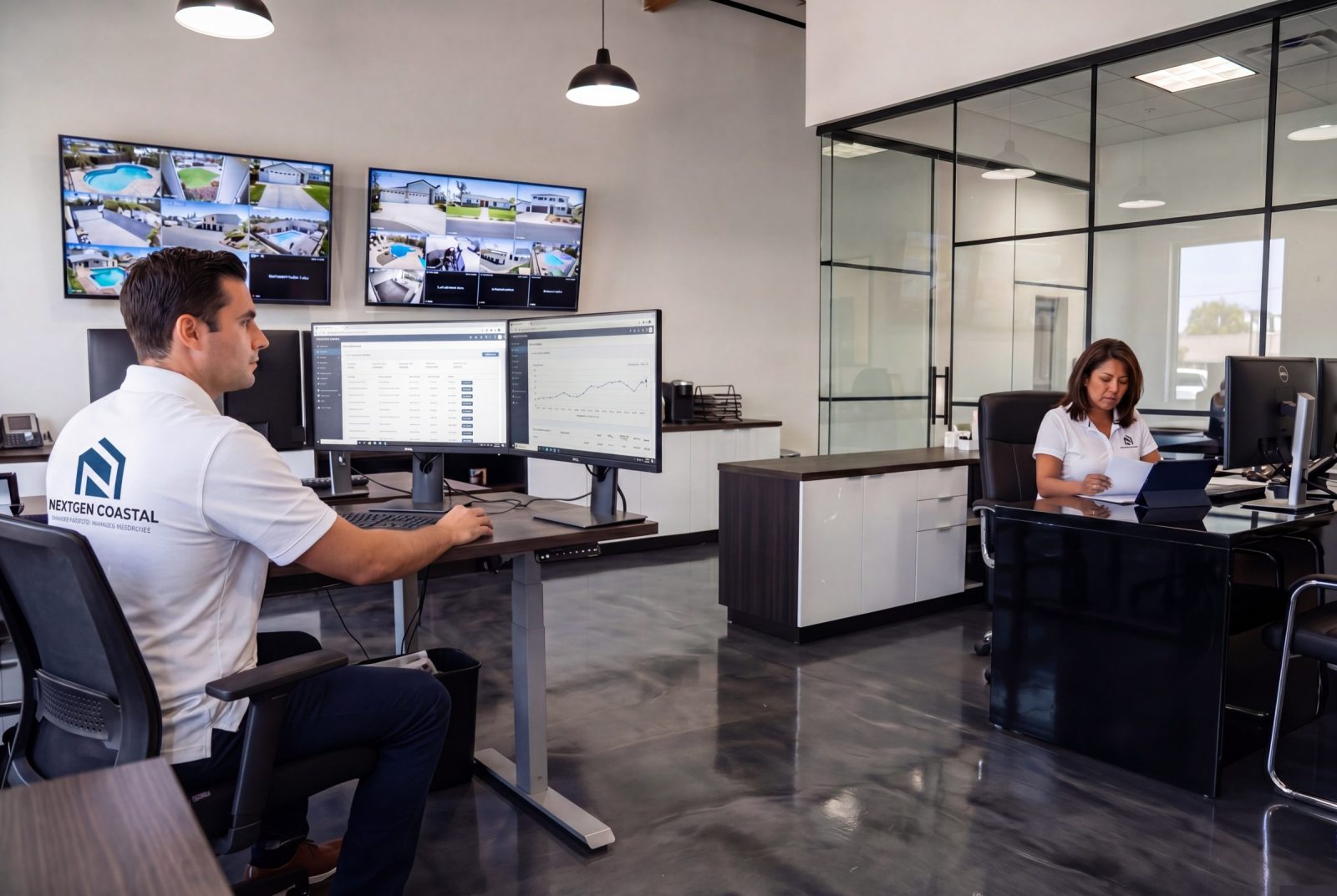 Interior of the NextGen Coastal Costa Mesa office, analyst at a dual-monitor bench desk on the left, CEO at a black-epoxy executive desk in a glass-walled office on the right