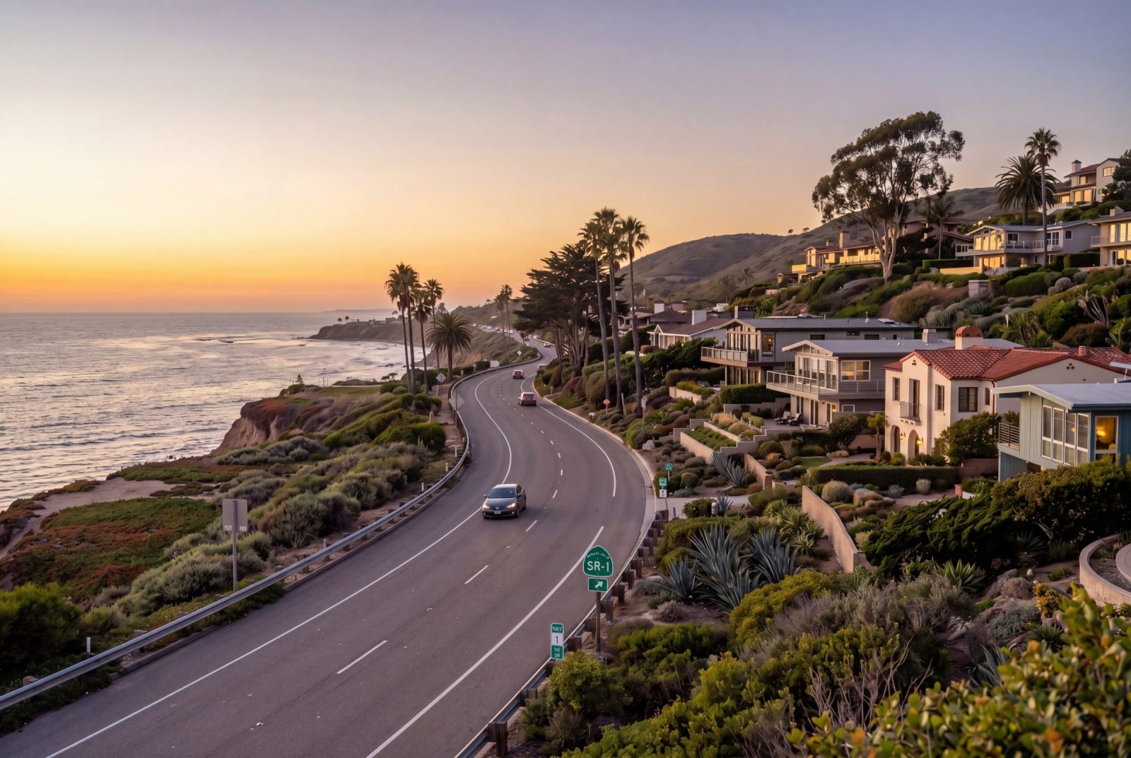 Dusk view of Pacific Coast Highway between Crystal Cove and Laguna Beach, low coastal homes against a glowing sky