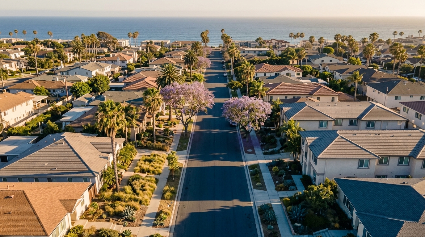 Aerial view of a tree-lined coastal California residential street with single-family rentals