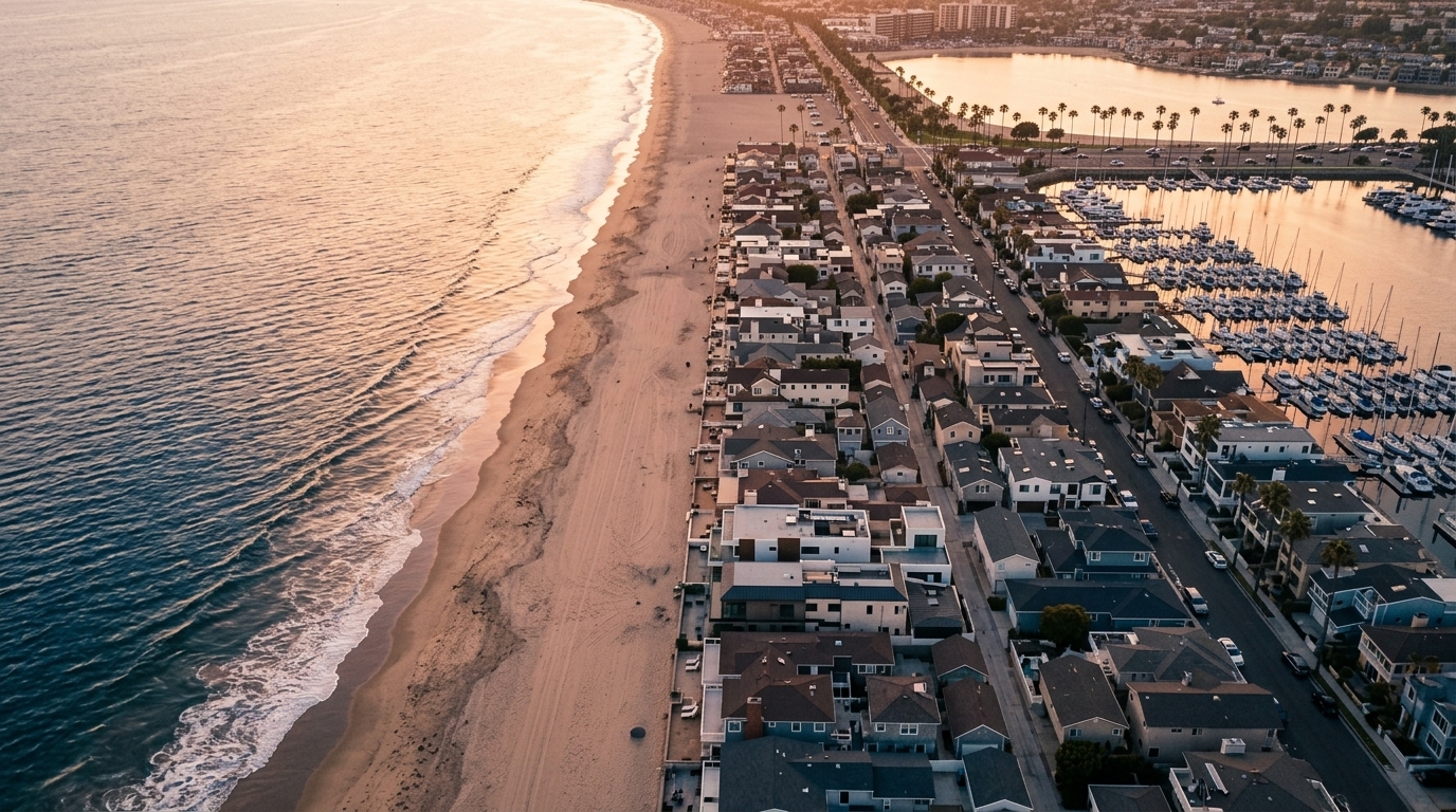 Aerial view of a coastal California beach town