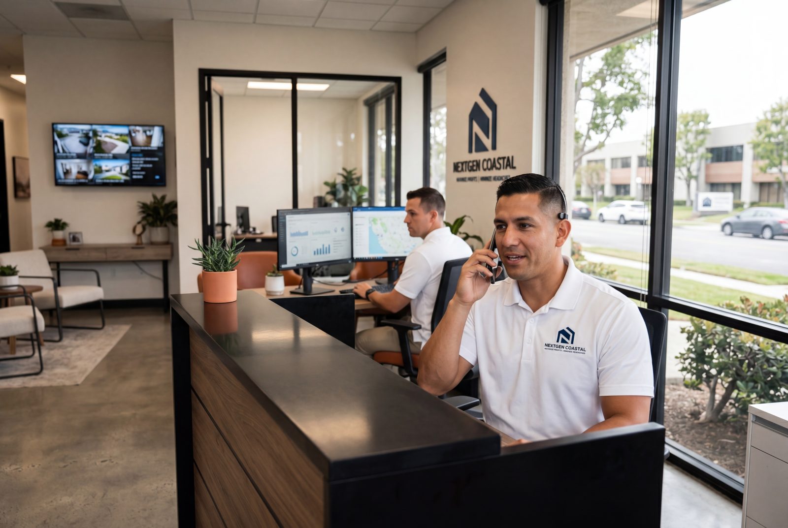 NextGen Coastal property management team working phones in Costa Mesa office