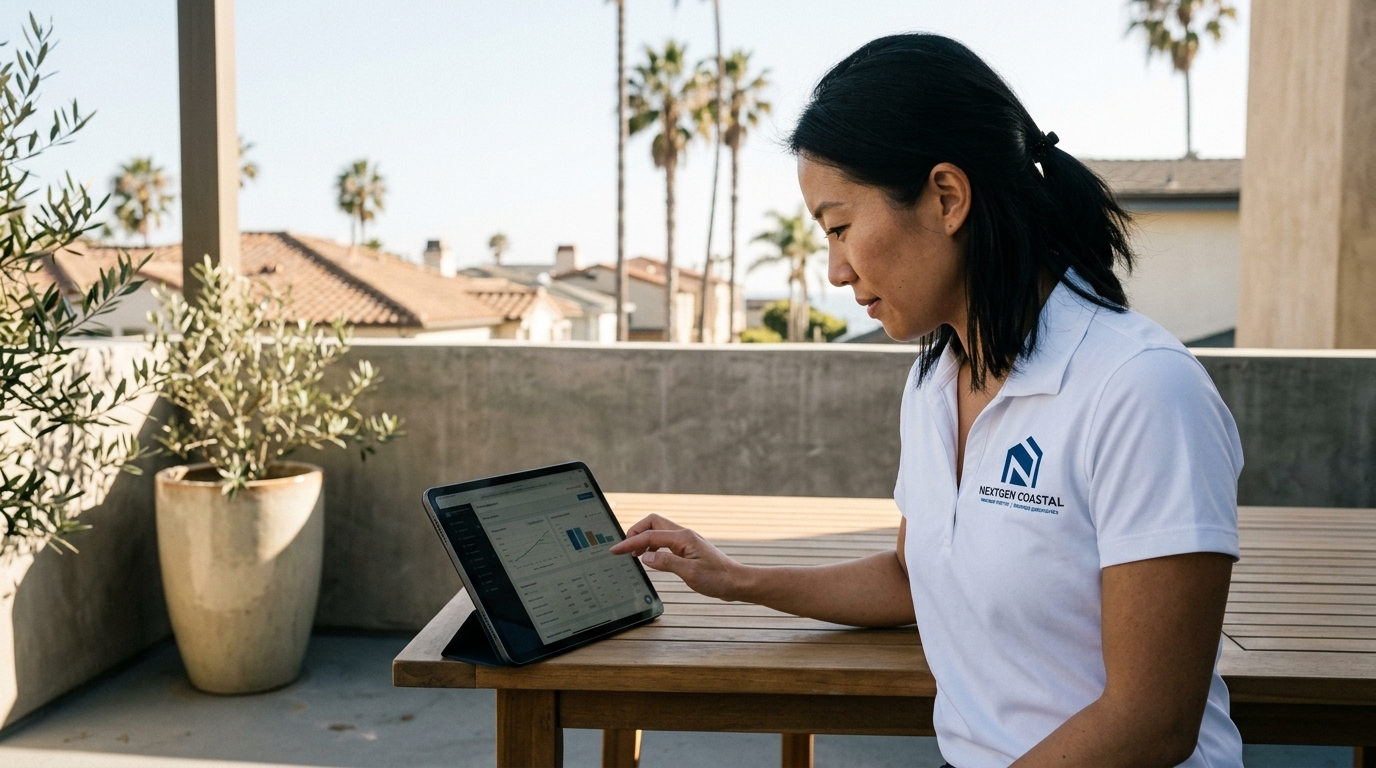 NextGen Coastal property manager reviewing a California property management fee-comparison dashboard on a tablet at a sunlit Costa Mesa office patio