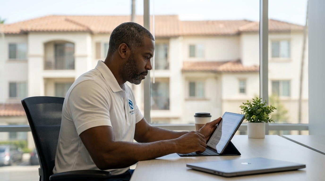NextGen Coastal compliance manager reviewing California AB 1482 rent-cap calculations on a tablet at a Costa Mesa office desk