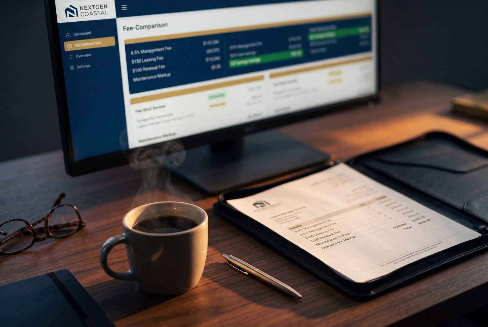 Property manager presenting a side-by-side fee comparison document