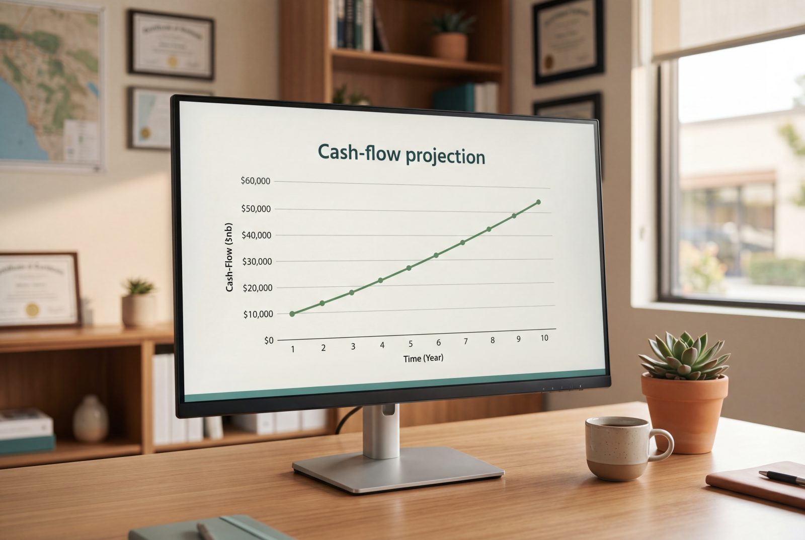 Investment property ROI chart trending upward on a monitor in a coastal California office