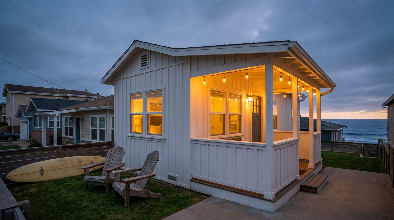Coastal California vacation rental bungalow with string lights