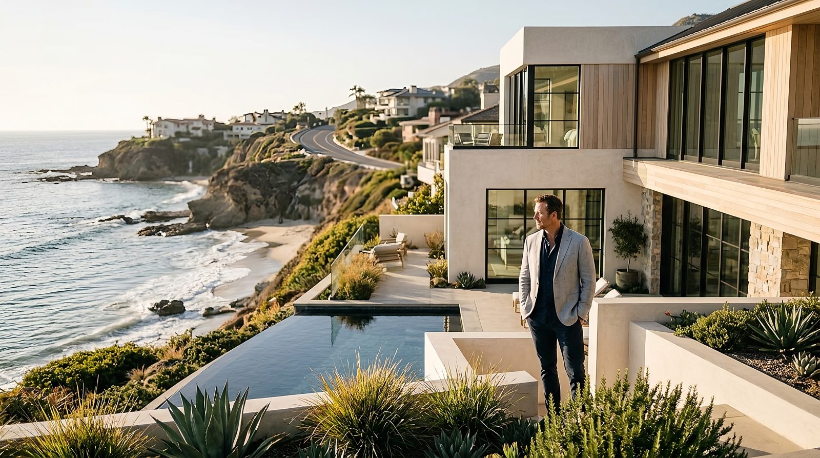 NextGen Coastal property manager on the terrace of a contemporary cliffside home in Laguna Beach, California, overlooking the Pacific