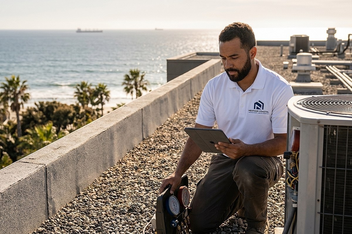 NextGen Coastal maintenance coordinator inspecting rooftop HVAC at a coastal, California property management Orange County