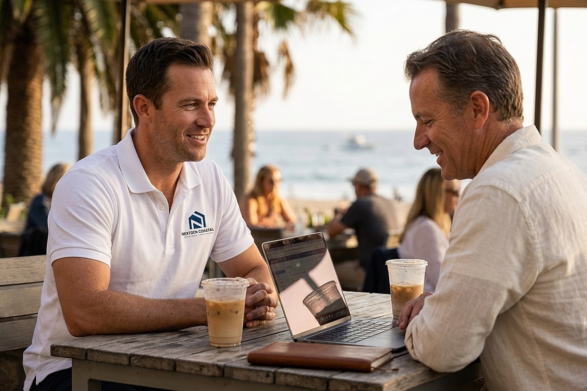NextGen Coastal manager consulting with a property owner at an outdoor, California property management Orange County