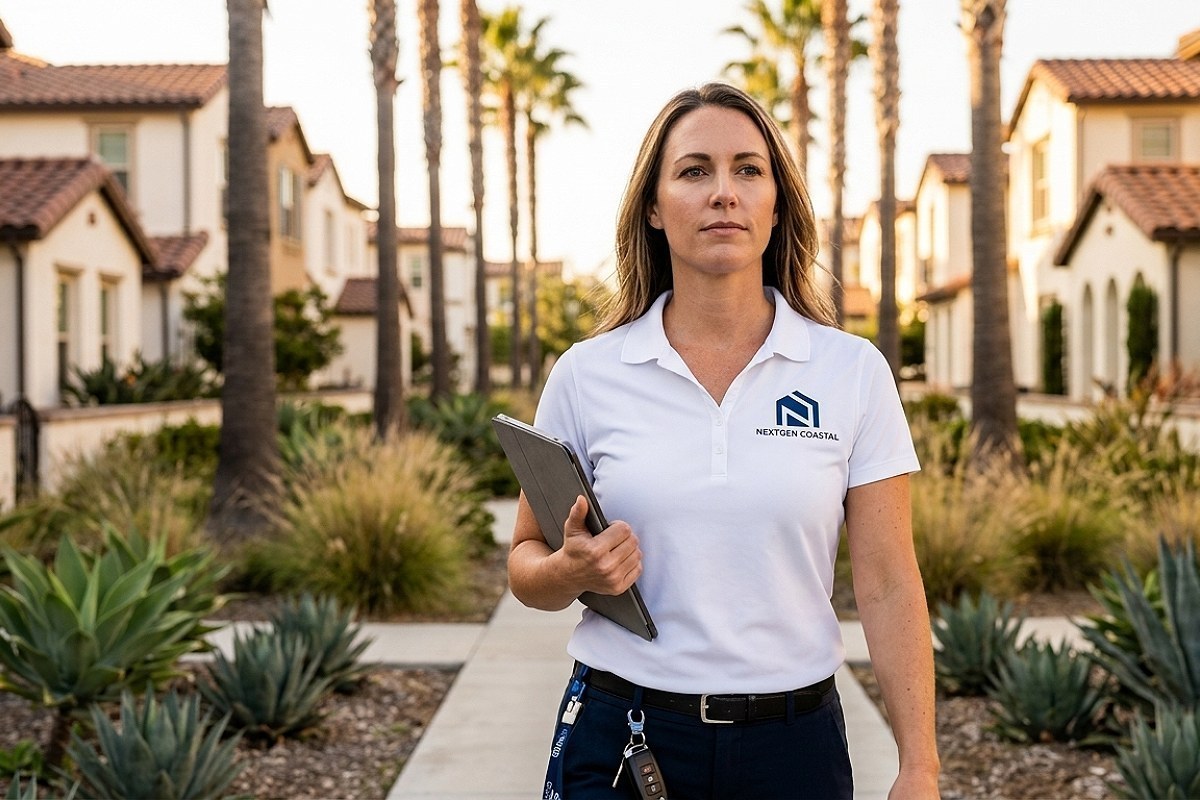 NextGen Coastal community manager walking a palm-lined HOA property in coastal California