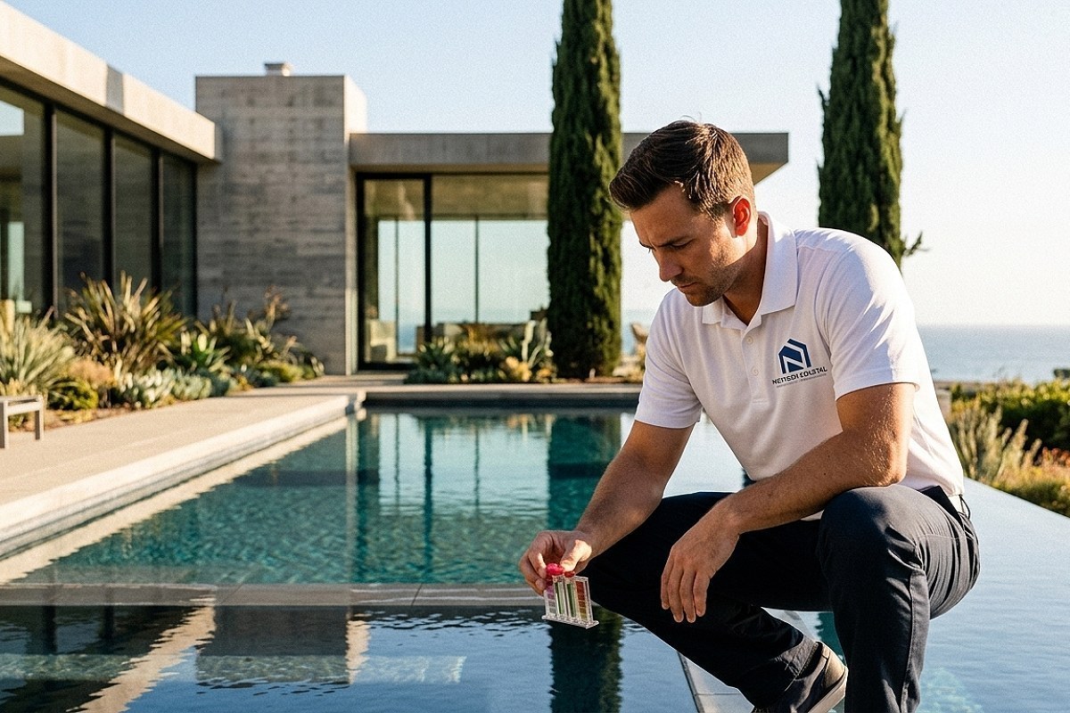 NextGen Coastal property manager testing pool water at a luxury coastal California home