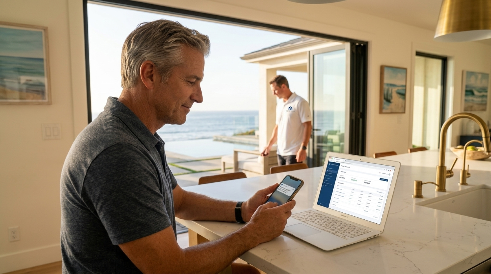 Property owner checking direct rent deposit notification on phone at coastal California luxury home by NextGen Coastal