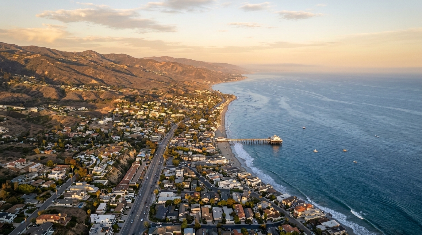 Aerial view of Malibu, Los Angeles County, coastal California property management by NextGen Coastal at fees from 3.9%