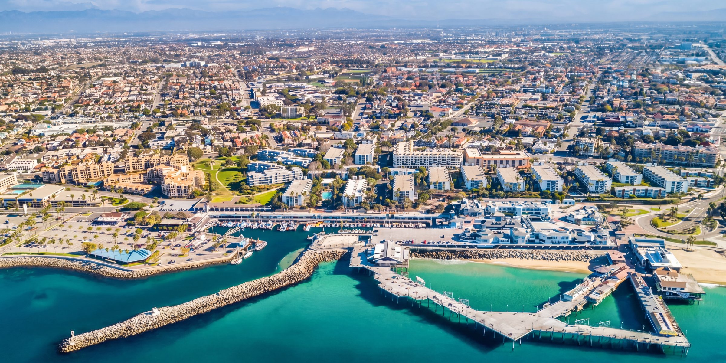 Aerial view of Redondo Beach, Los Angeles County, coastal California property management by NextGen Coastal at fees from 3.9%