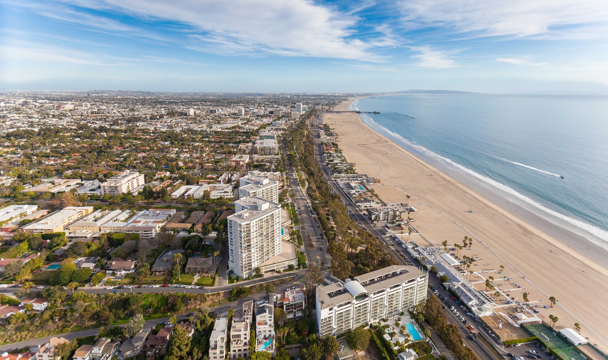Aerial view of Santa Monica, Los Angeles County, coastal California property management by NextGen Coastal at fees from 3.9%
