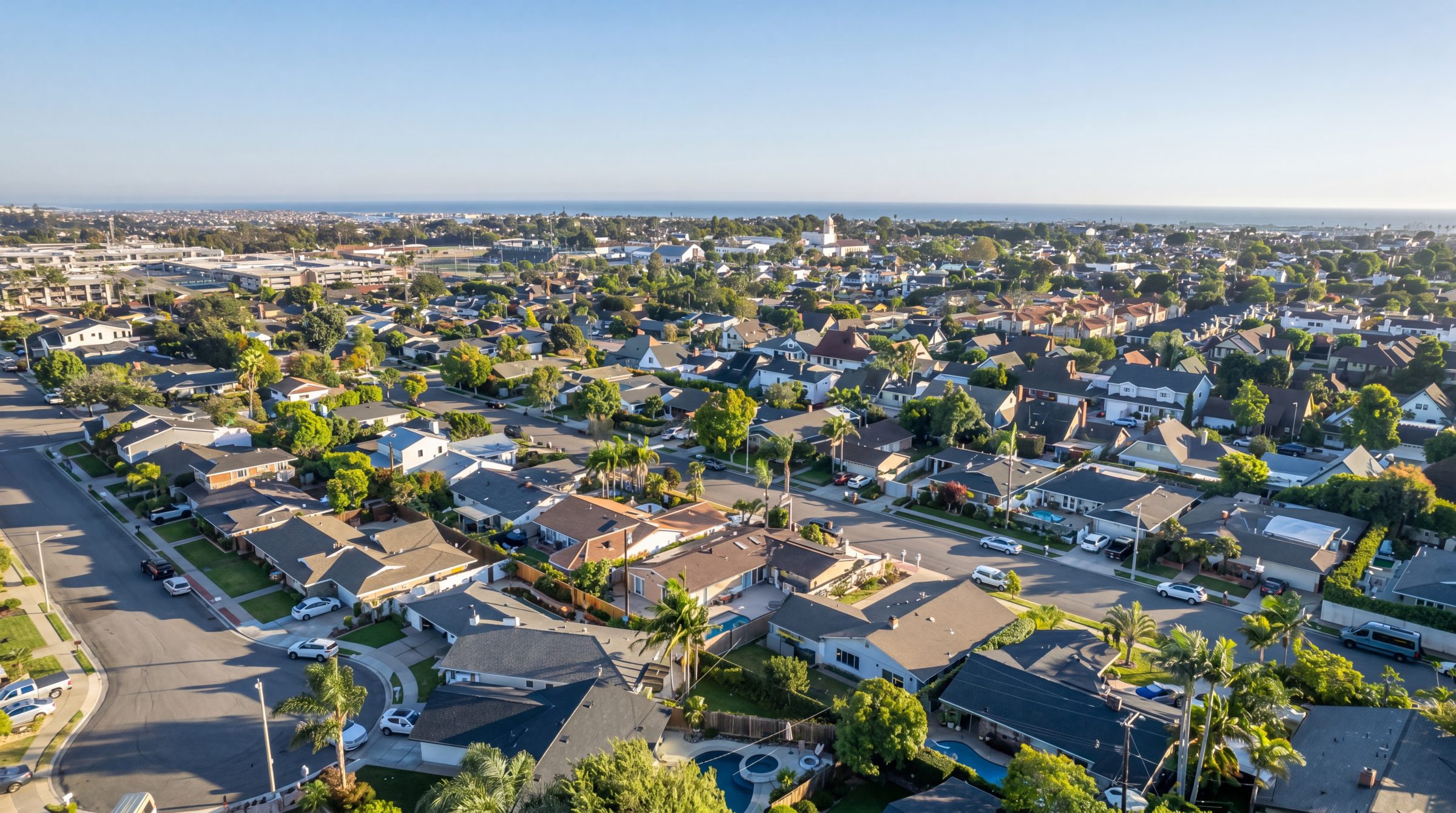 Aerial view of Costa Mesa, Orange County, coastal California property management by NextGen Coastal at fees from 3.9%