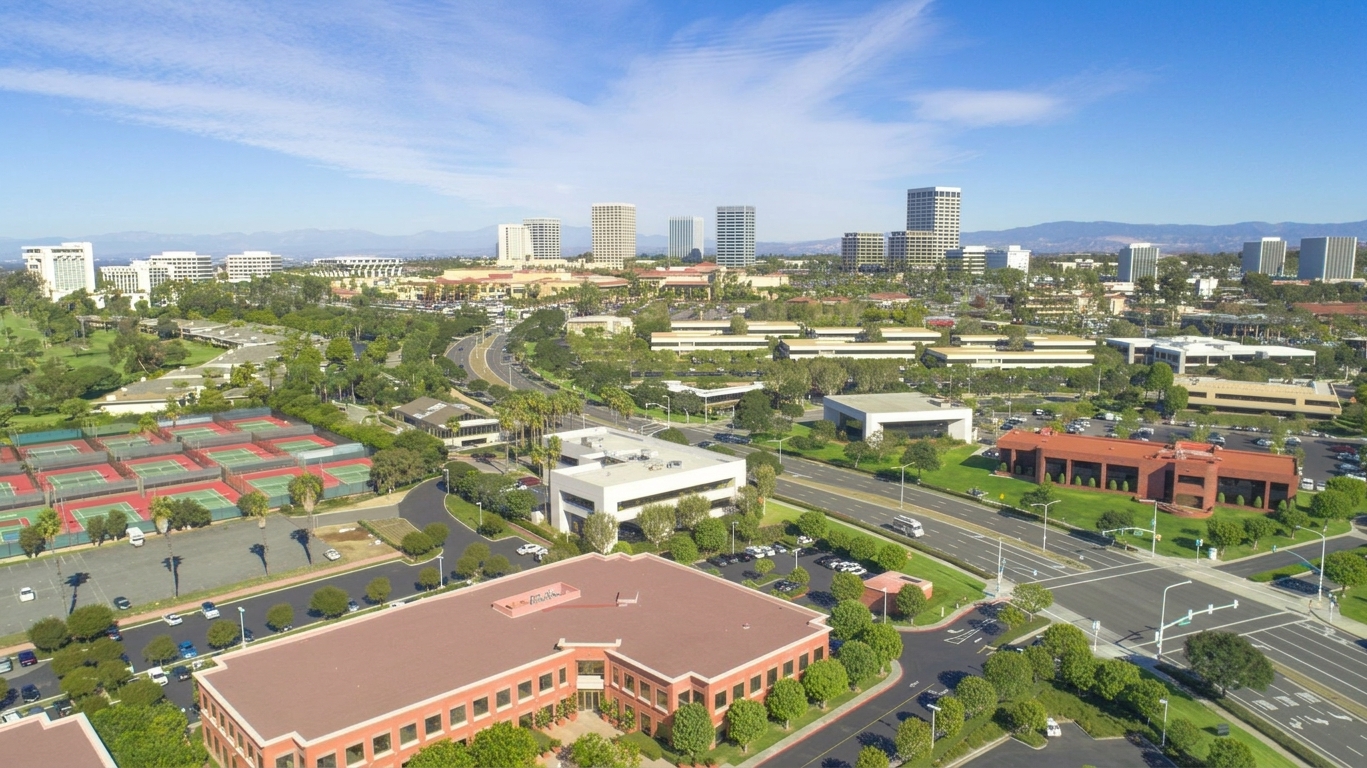 Aerial view of Irvine, Orange County, coastal California property management by NextGen Coastal at fees from 3.9%