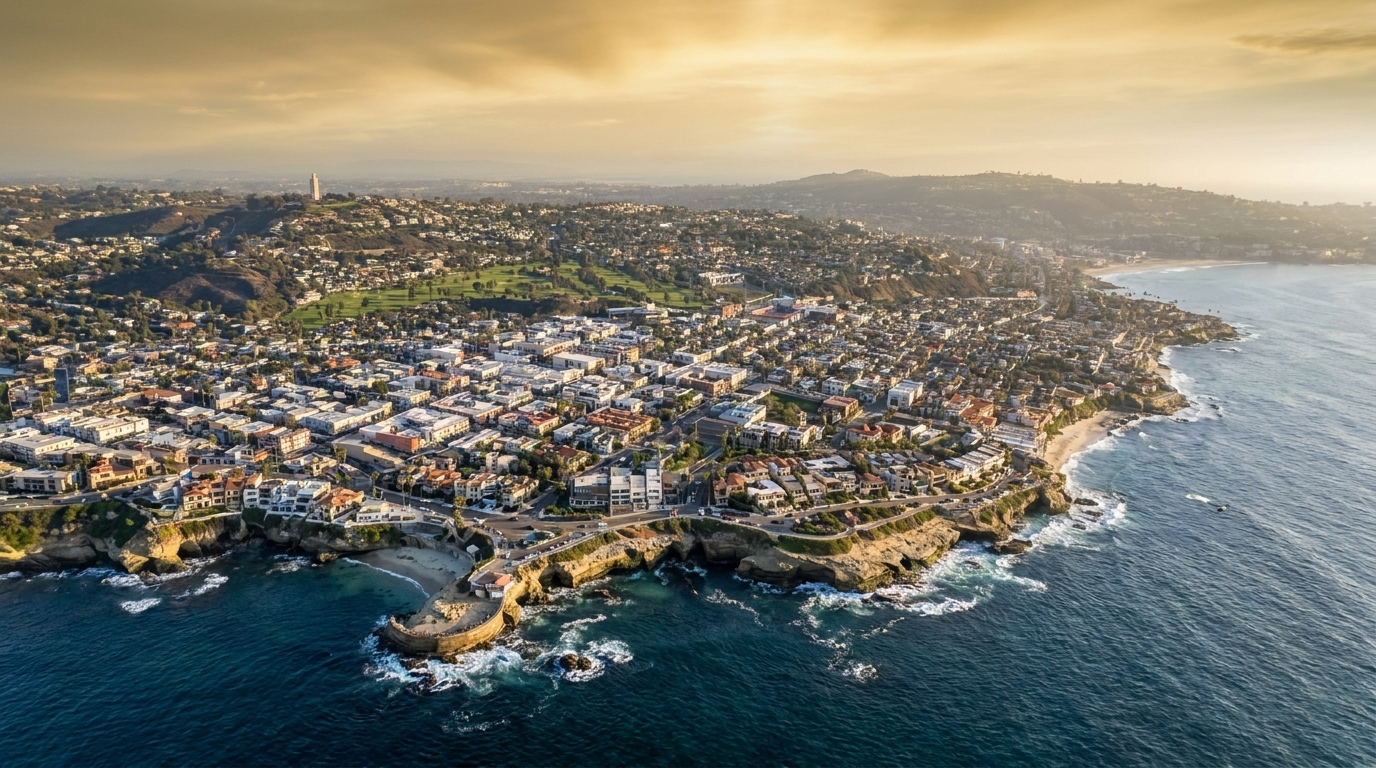 Aerial view of La Jolla, San Diego County, coastal California property management by NextGen Coastal at fees from 3.9%