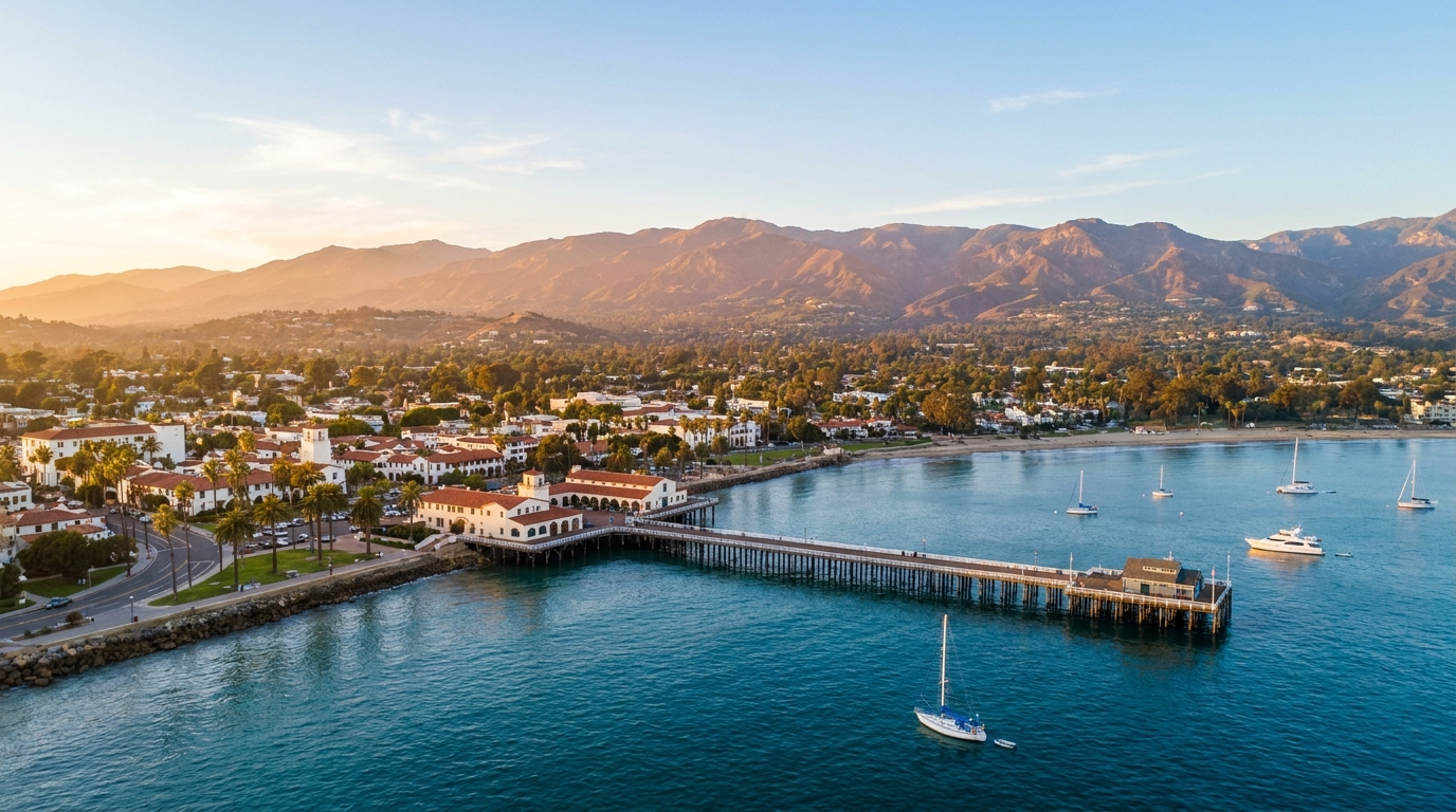 Santa Barbara waterfront and Santa Ynez Mountains aerial, Santa Barbara property management by NextGen Coastal