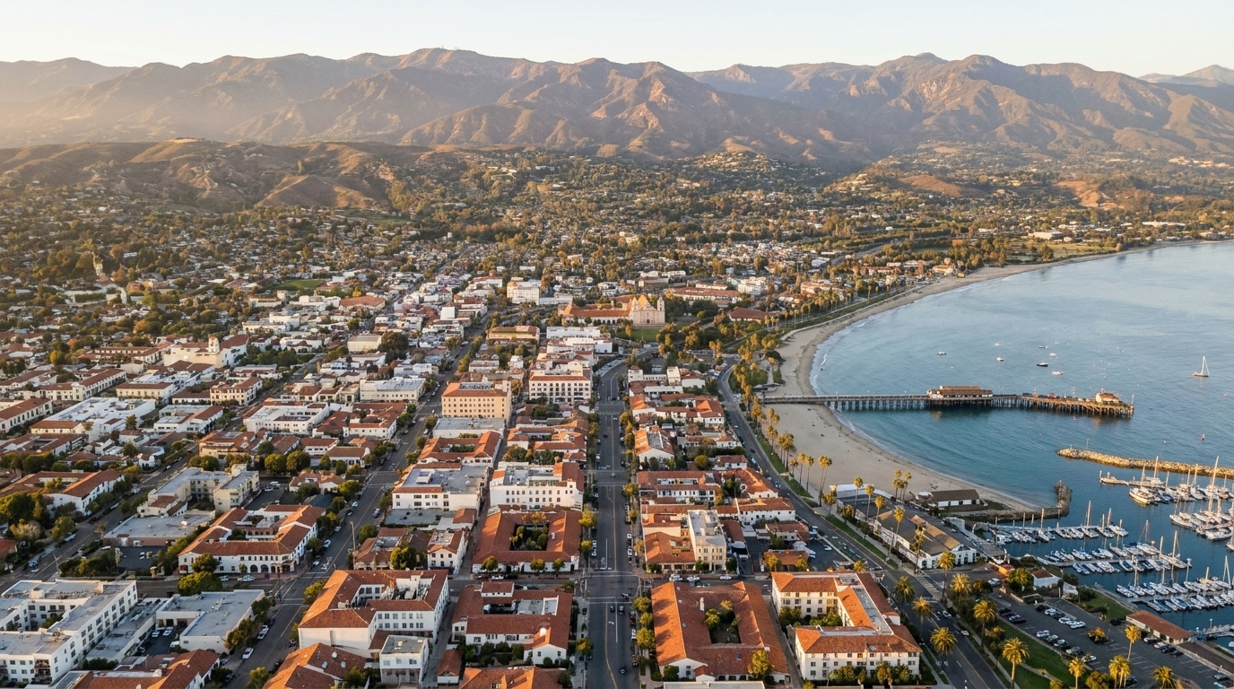 Aerial view of Santa Barbara, Santa Barbara County, coastal California property management by NextGen Coastal at fees from 3.9%