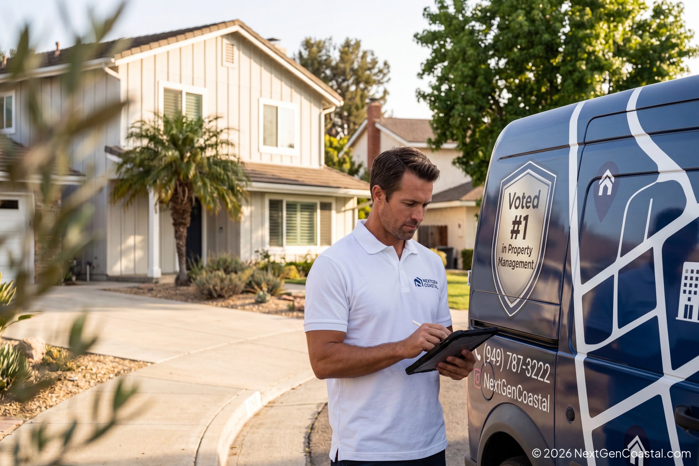 NextGen Coastal property manager beside the Voted #1 service van outside an Orange County single-family rental home