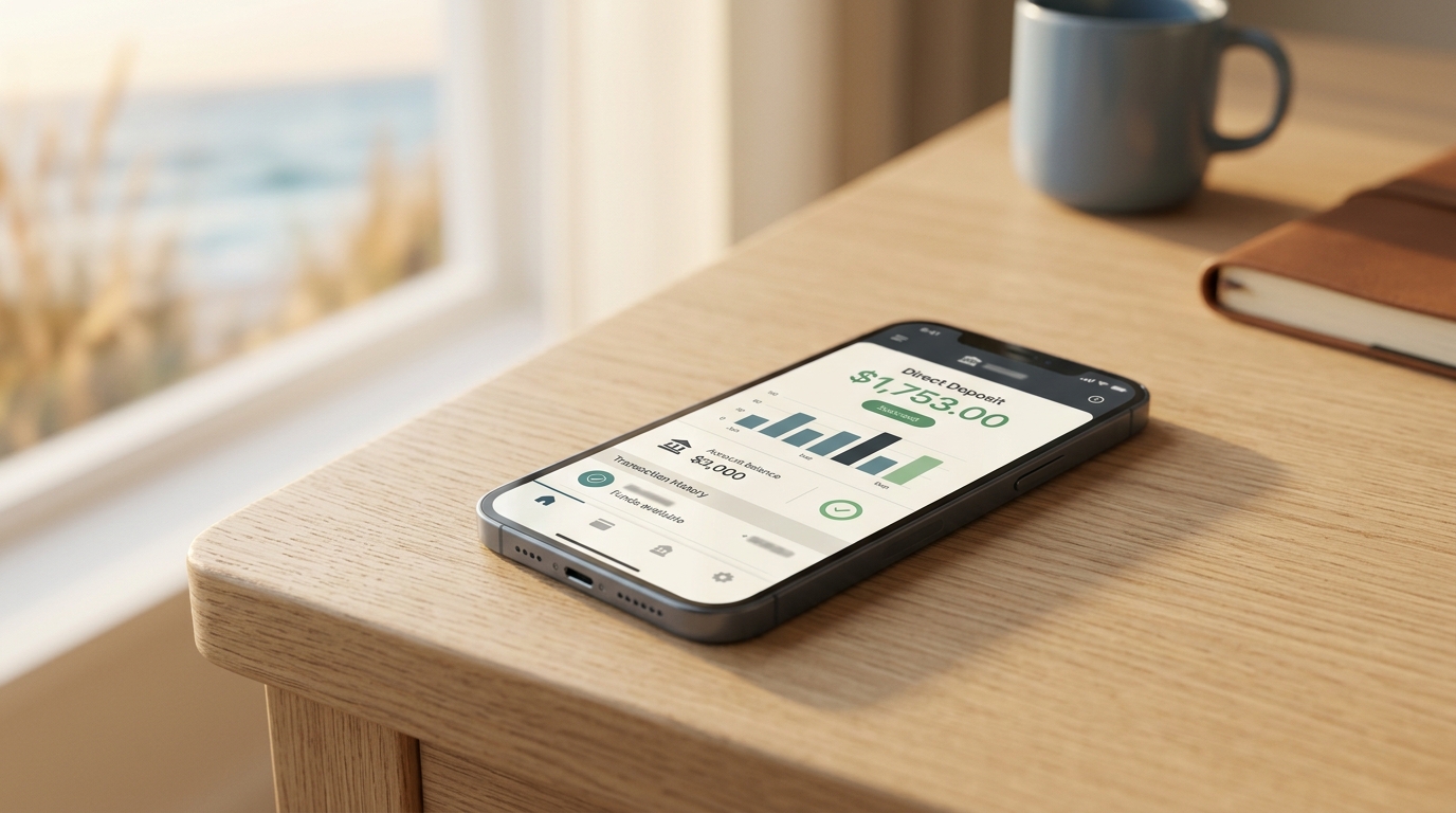 Smartphone showing direct deposit confirmation in a mobile banking app
