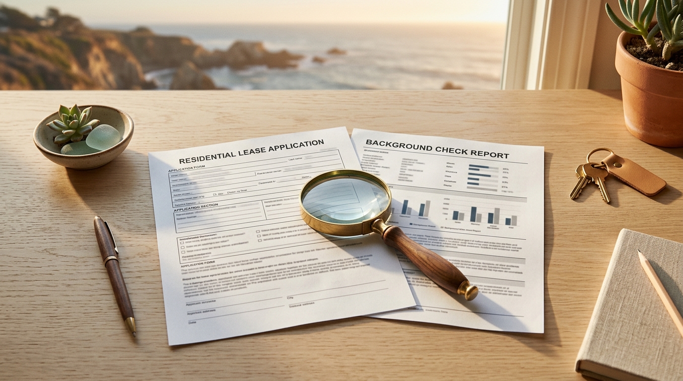 Rental application and background check documents with magnifying glass