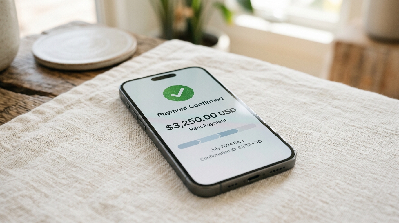 Smartphone showing mobile rent payment confirmation app