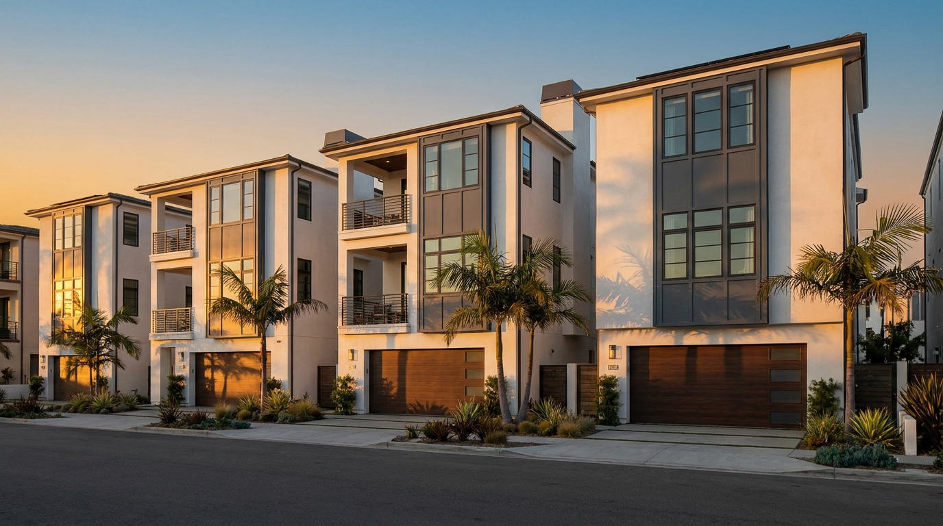 Row of modern coastal California townhomes, California property management pricing by NextGen Coastal