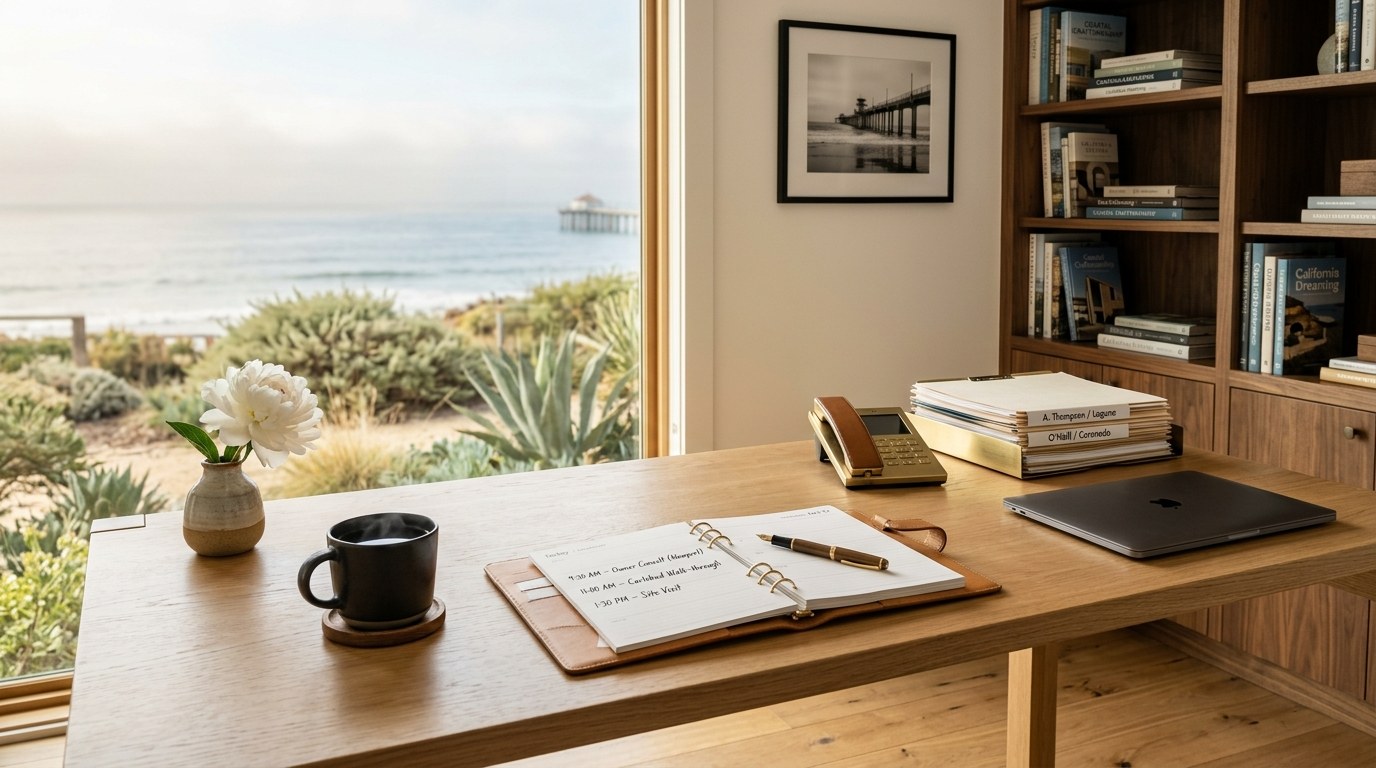 NextGen Coastal property manager's desk with a planner of scheduled owner consultations and a Pacific Ocean view in coastal California