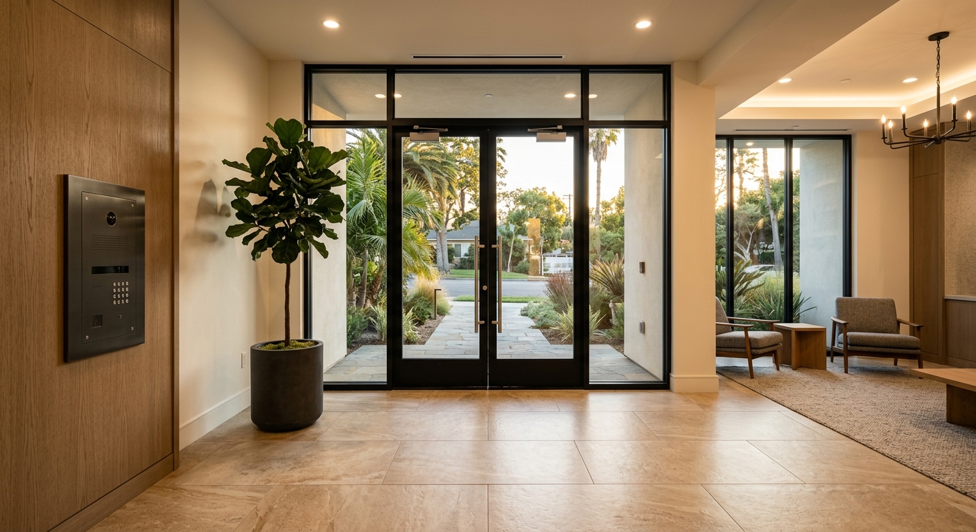Modern apartment building lobby entry