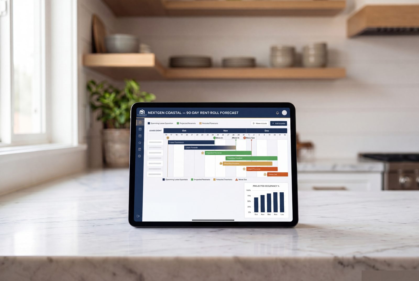 A tablet showing a 90-day rent-roll forecast calendar with lease-end markers and projected renewal events for a coastal California apartment property