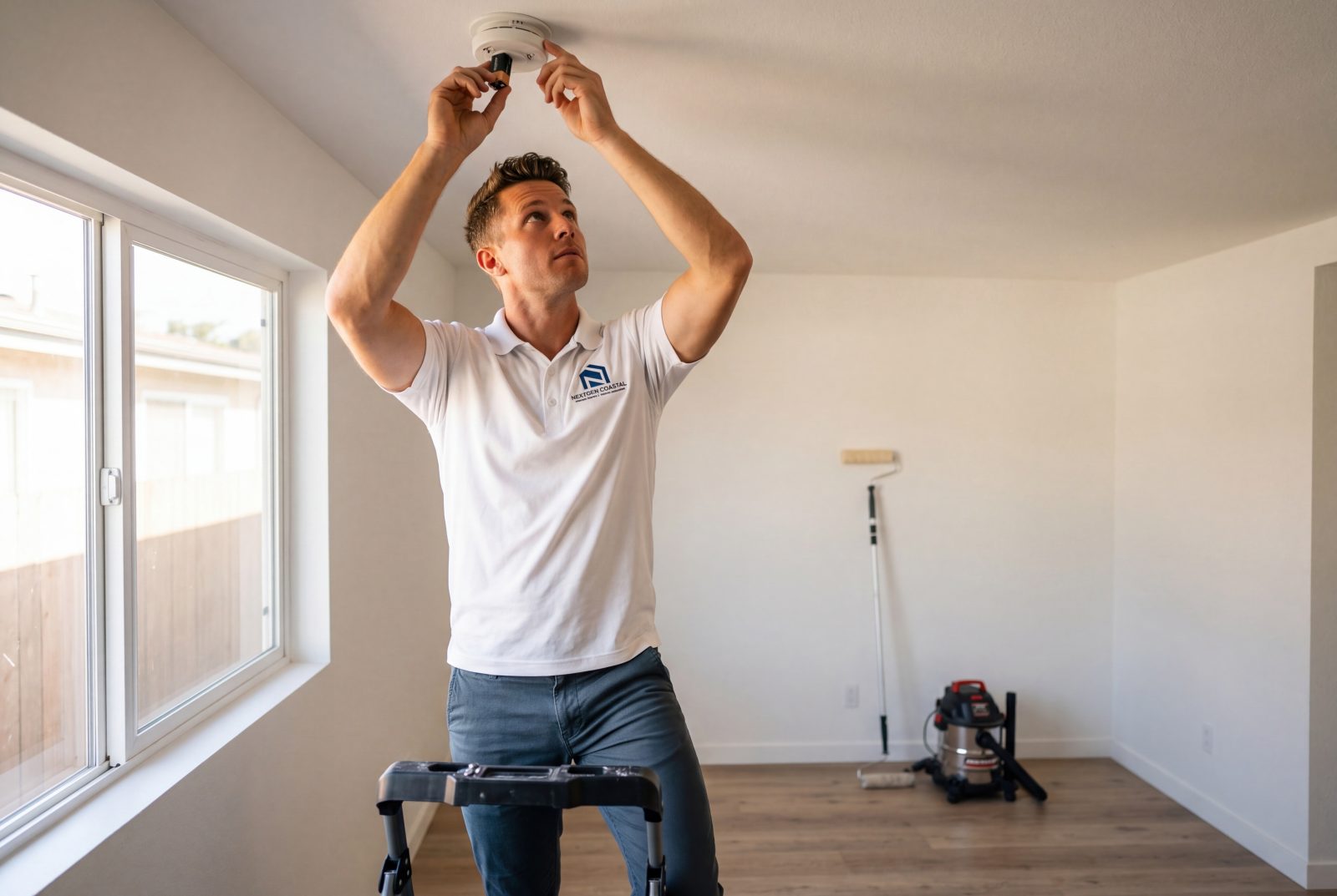 NextGen Coastal turnover technician inside a freshly-vacated coastal California apartment unit, mid-restoration