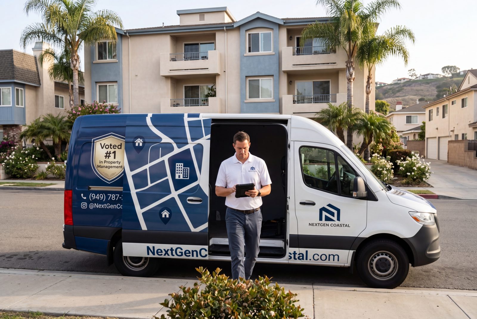 A NextGen Coastal Mercedes-Benz Sprinter van parked outside a small coastal California multifamily building with a uniformed NGC inspector stepping out with a tablet