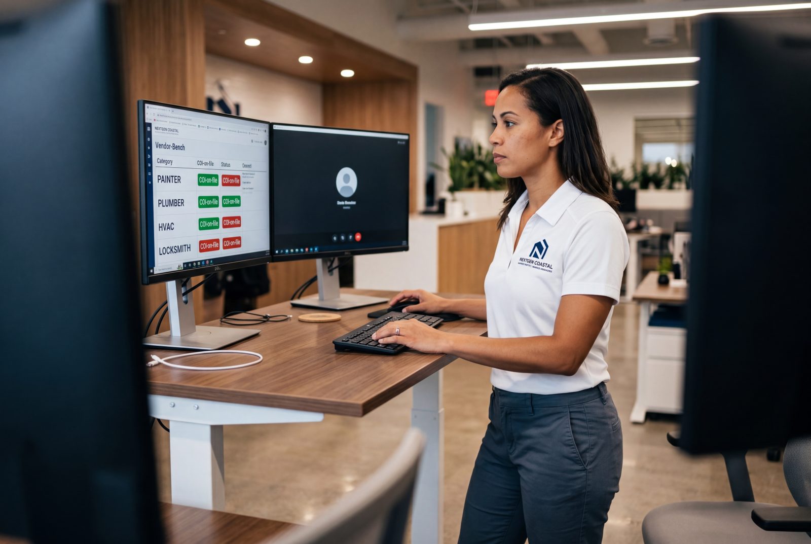 A NextGen Coastal vendor-coordination manager at a dual-monitor workstation in the Costa Mesa office showing a vendor-bench grid with COI status badges