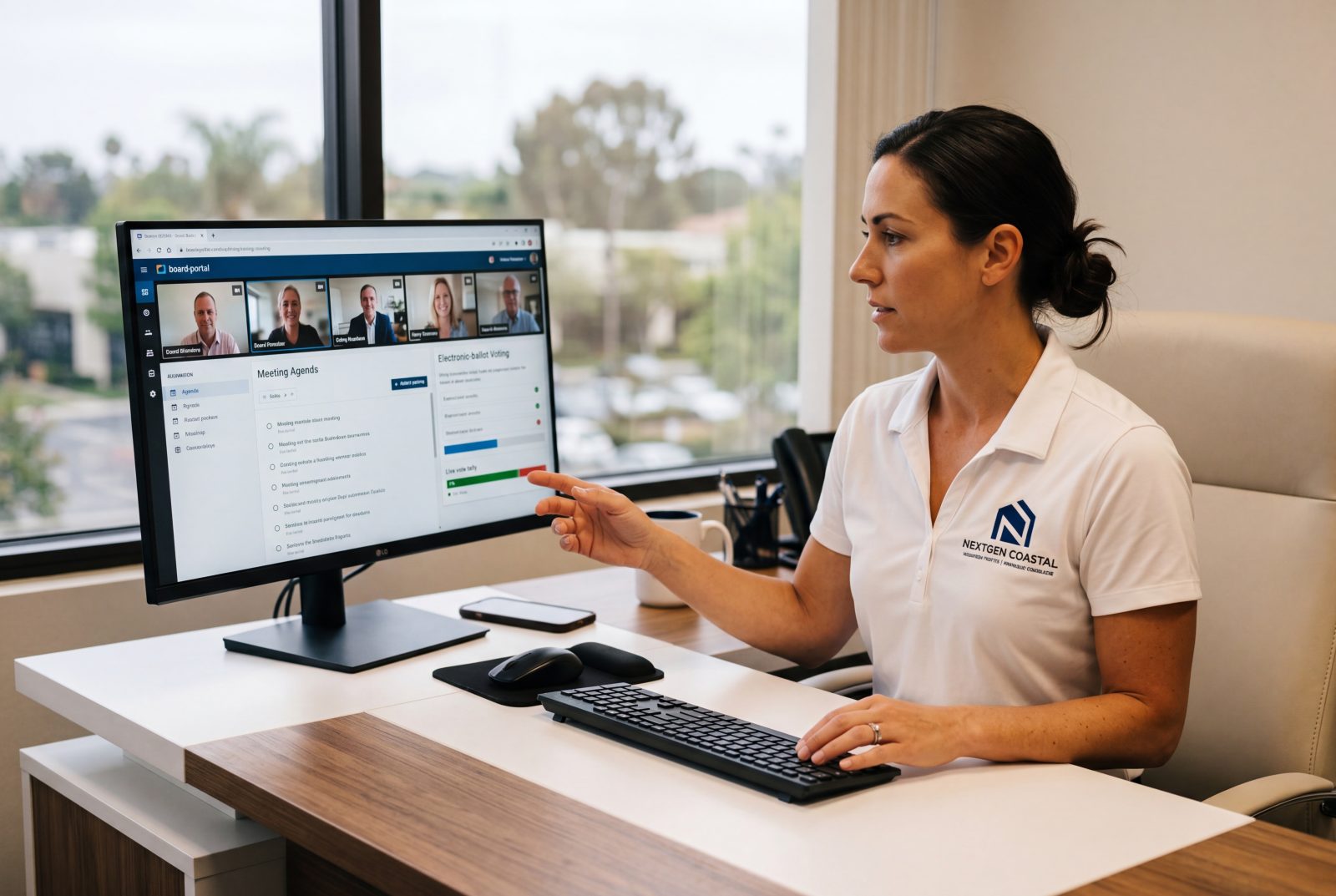 NextGen Coastal HOA portfolio manager at an executive desk facilitating an online board meeting with live video tiles, agenda panel, and electronic ballot voting visible on a monitor