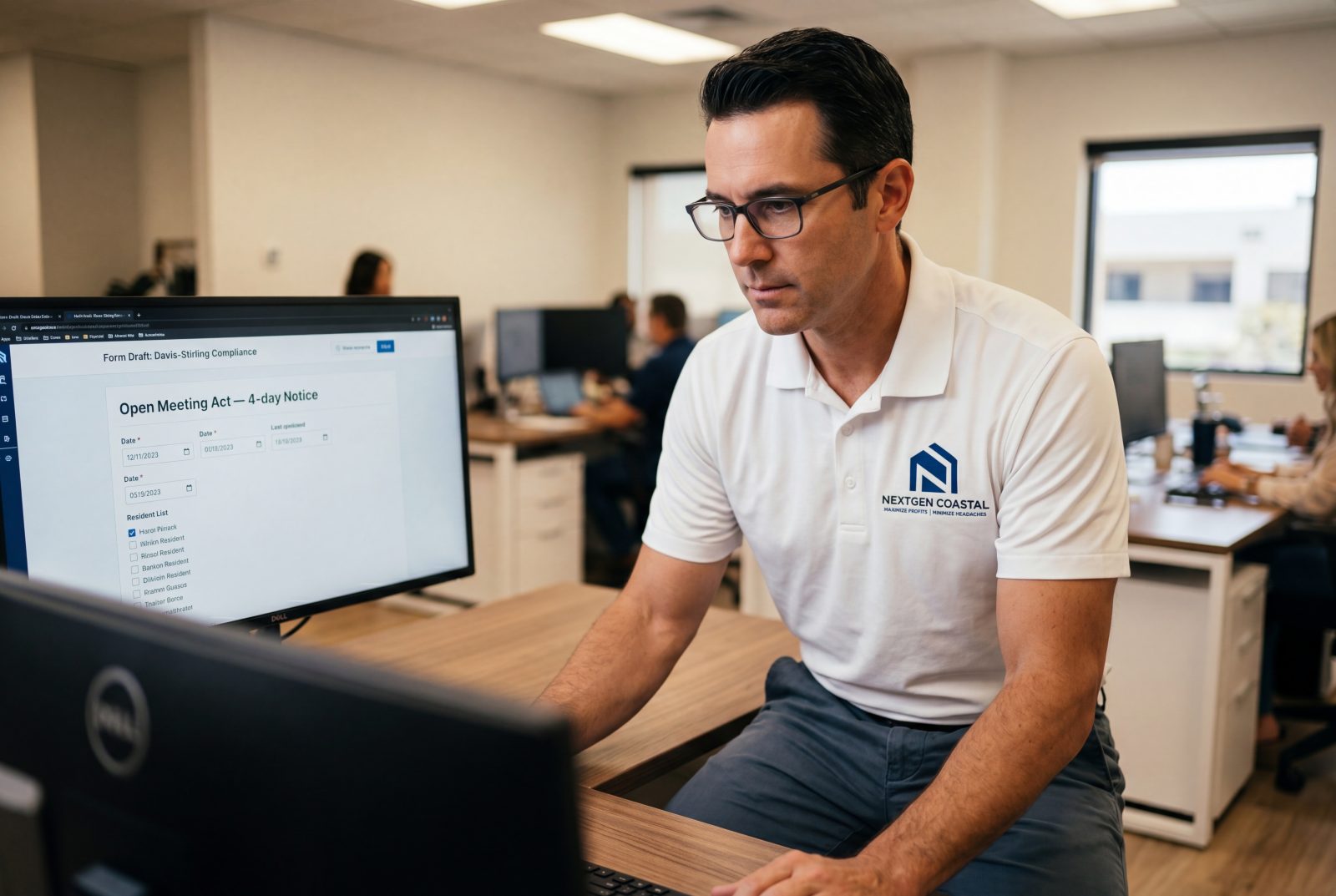 NextGen Coastal HOA compliance lead at an executive desk reviewing a Davis-Stirling notice form on a monitor
