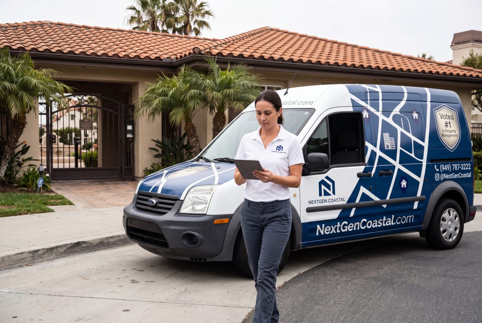 A NextGen Coastal Ford Transit van parked outside a coastal California HOA community clubhouse with a uniformed NGC manager walking toward the entrance