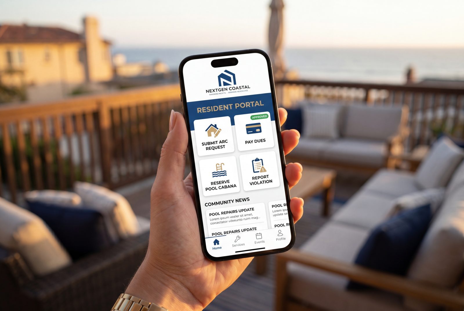 NextGen Coastal HOA resident-app UI with ARC submission, dues payment, amenity reservation, and violation appeal tiles