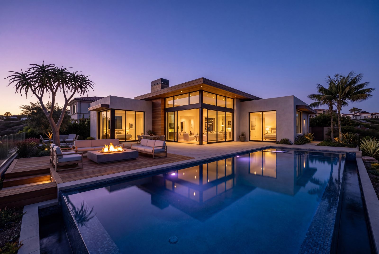 Twilight exterior of a modern luxury coastal California estate with infinity pool and illuminated glass walls