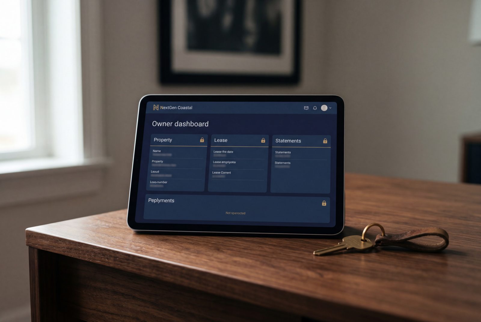 A tablet on a polished dark-walnut surface beside a single brass key, screen showing an encrypted owner portal in navy and gold with REDACTED tenant fields and private address