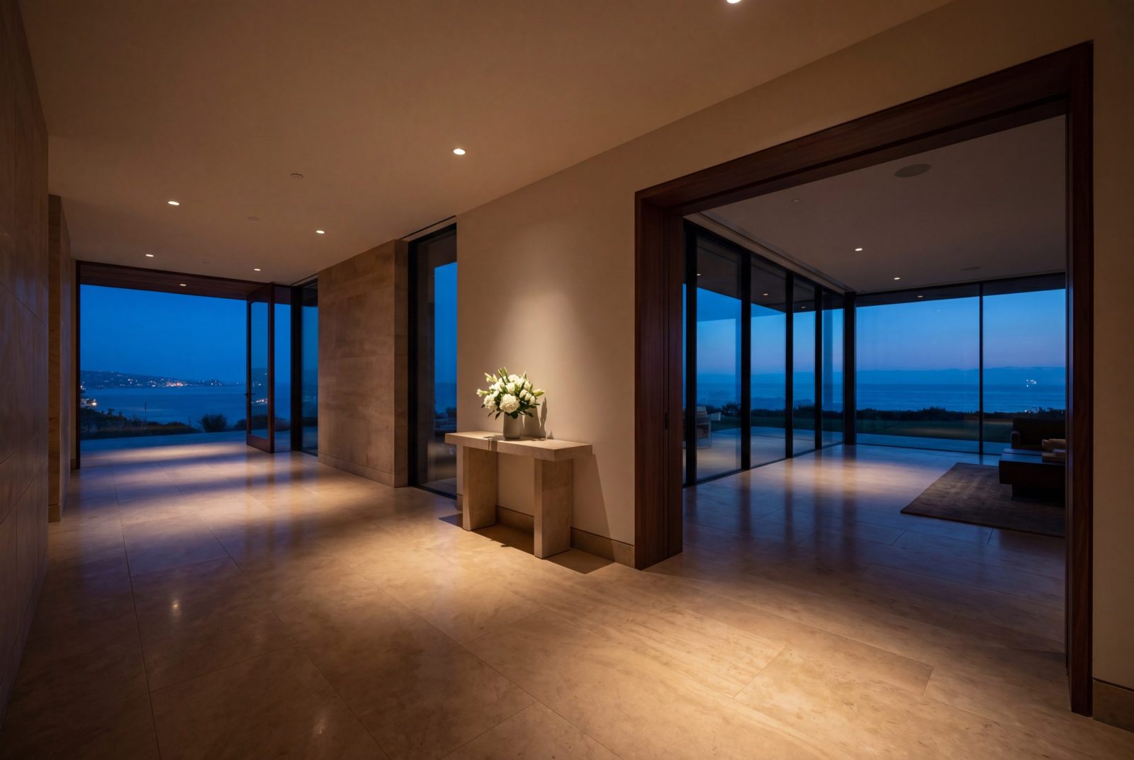 Twilight luxury coastal California estate foyer background