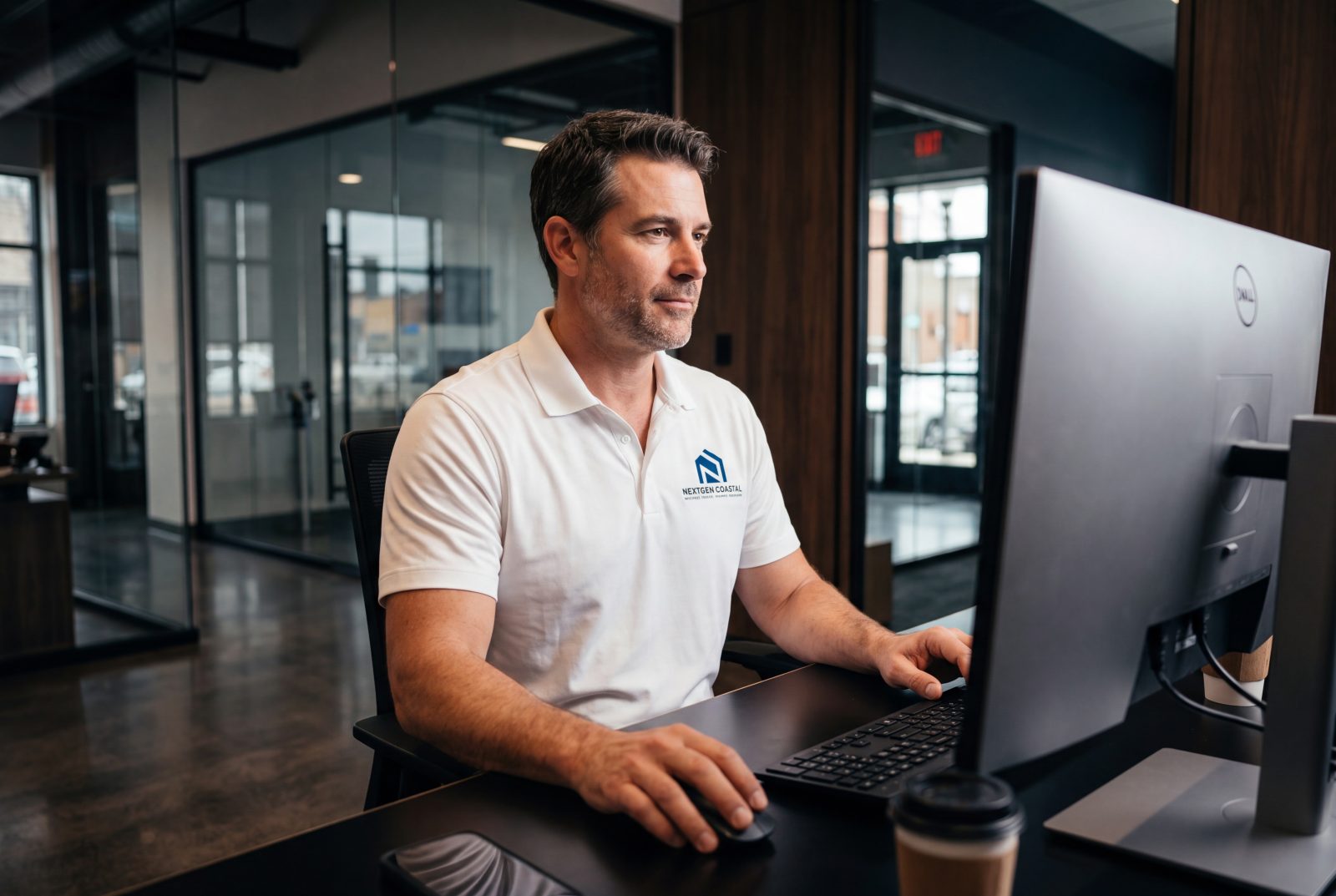 NextGen Coastal senior luxury portfolio manager at a black-epoxy executive desk inside a glass-walled office reviewing a curated luxury-home portfolio dashboard