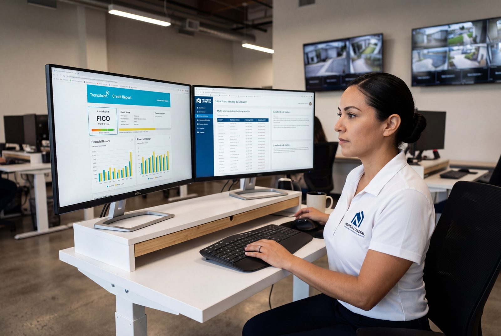 NextGen Coastal analyst at a dual-monitor workstation reviewing a multi-pane tenant-screening dashboard showing credit, eviction history, and landlord call notes