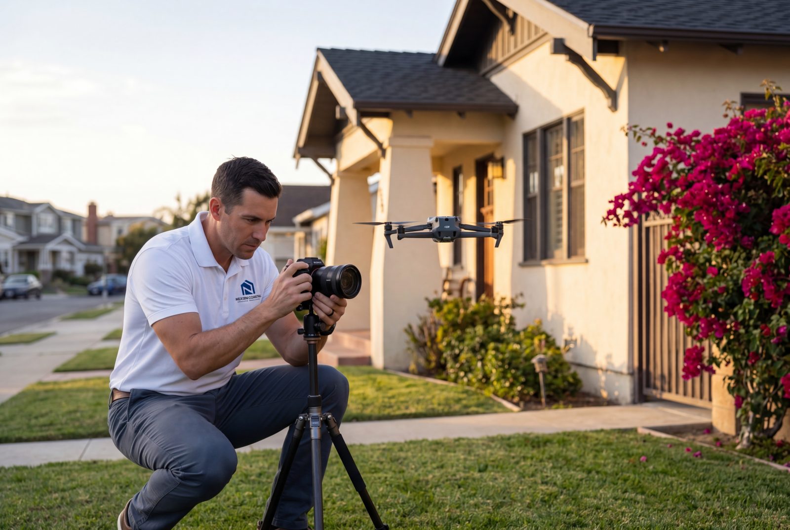 NextGen Coastal photographer with camera and drone capturing the exterior of a coastal California single-family rental