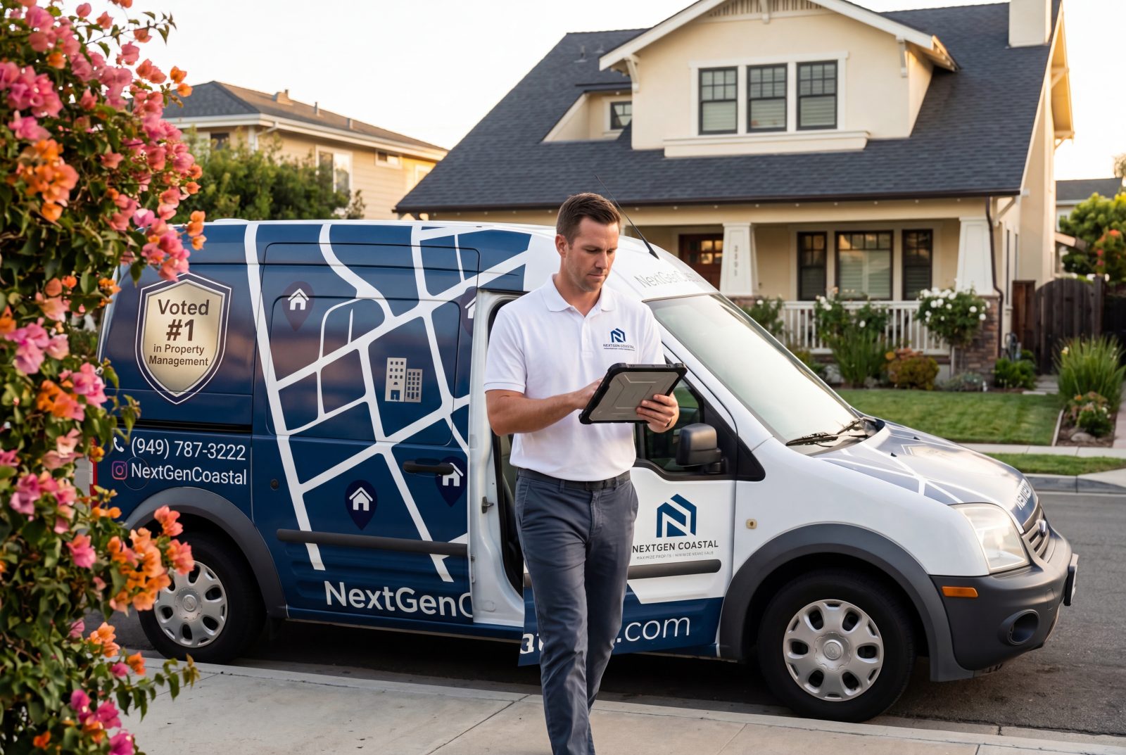 A NextGen Coastal Ford Transit van parked curbside at a coastal California single-family rental, a uniformed technician stepping out with a tablet