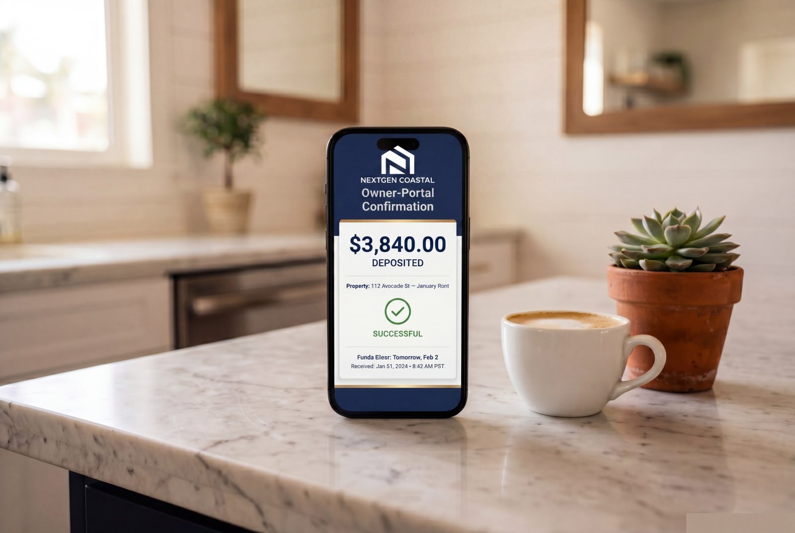 Smartphone resting on a white marble kitchen counter showing NextGen Coastal owner-portal direct deposit confirmation in soft morning light