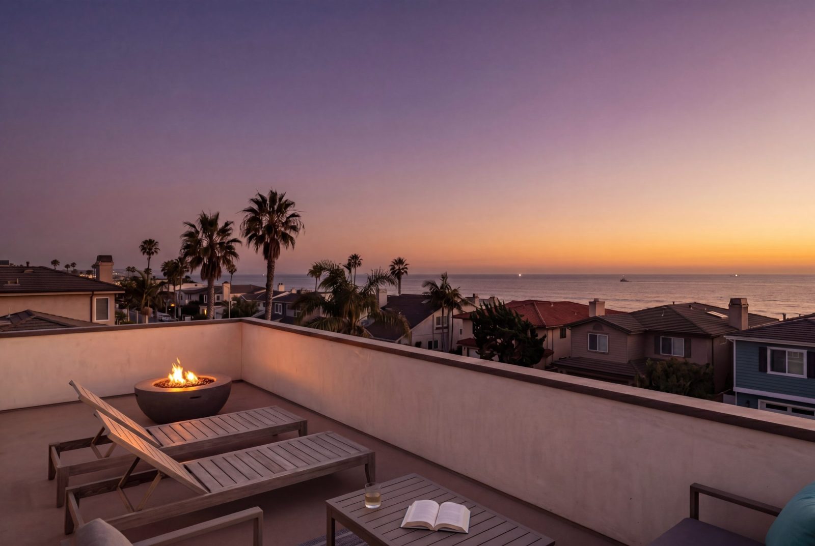 Twilight rooftop deck of a coastal California short-term rental with fire pit and Pacific Ocean view