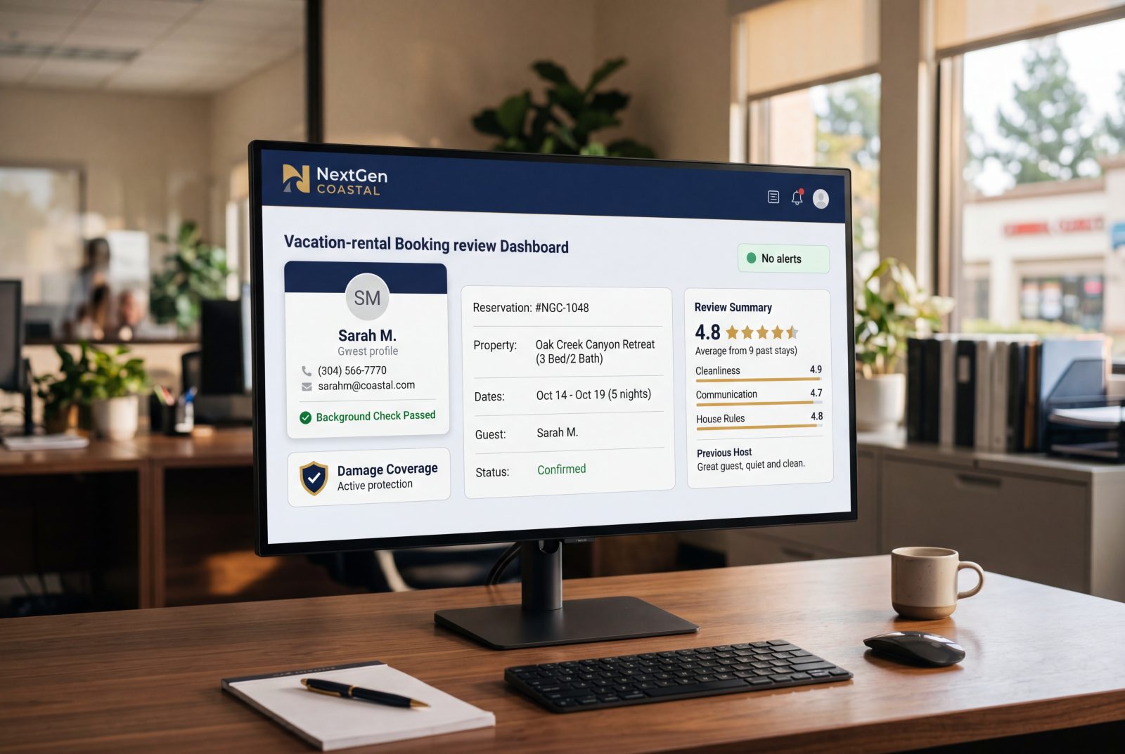 Monitor showing a guest pre-screen UI with ID-verified status, Safely/SuperHog damage coverage badge, prior-platform review summary, and a party-pattern alert panel